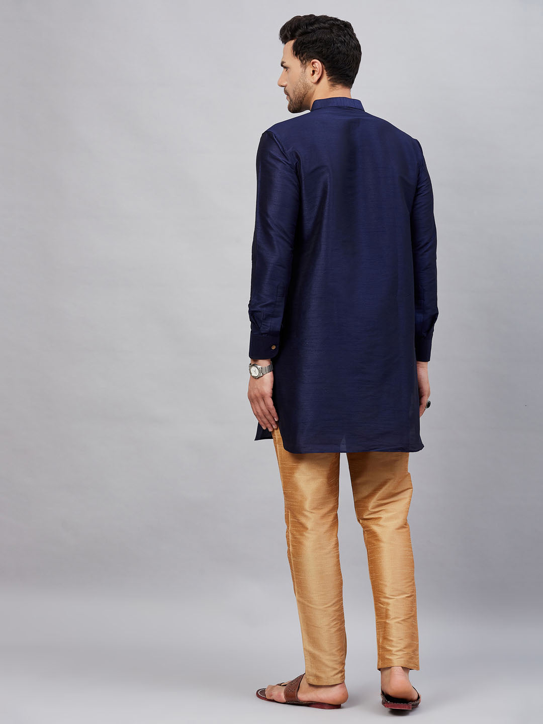 Men's Navy Blue Cotton Blend Pathani Kurta Pyjama Set