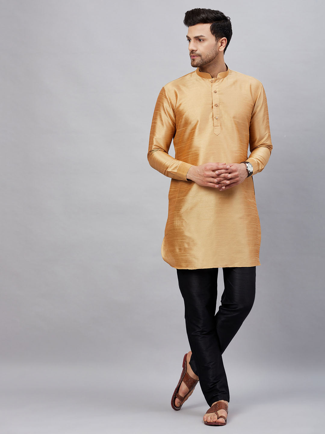 Men's Rose Gold Cotton Blend Pathani Kurta Pyjama Set