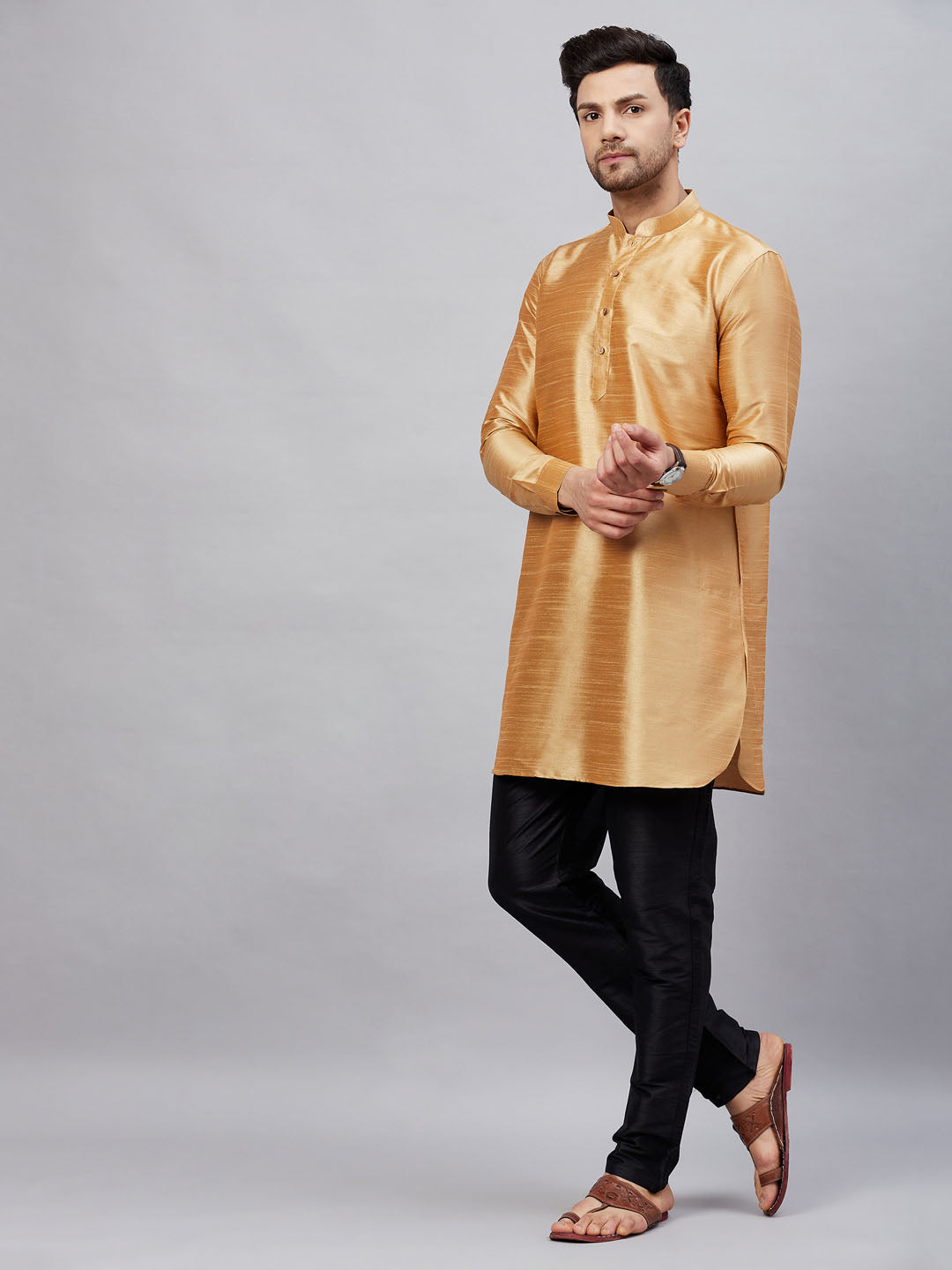 Men's Rose Gold Cotton Blend Pathani Kurta Pyjama Set