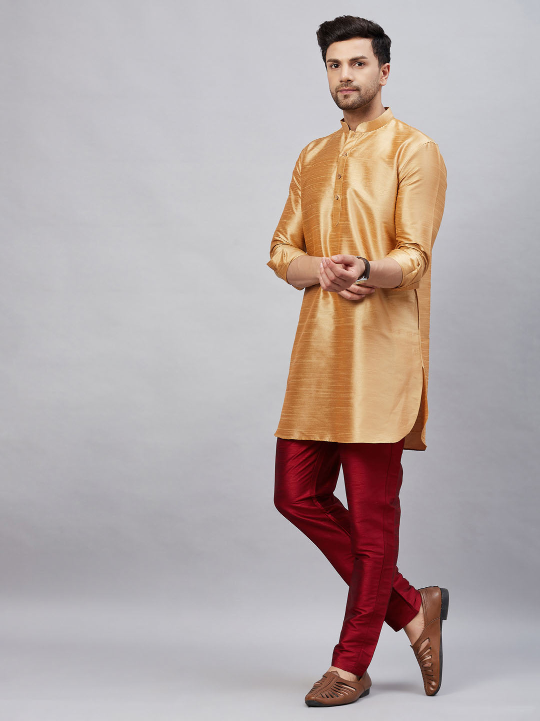 Men's Rose Gold Cotton Blend Pathani Kurta Pyjama Set