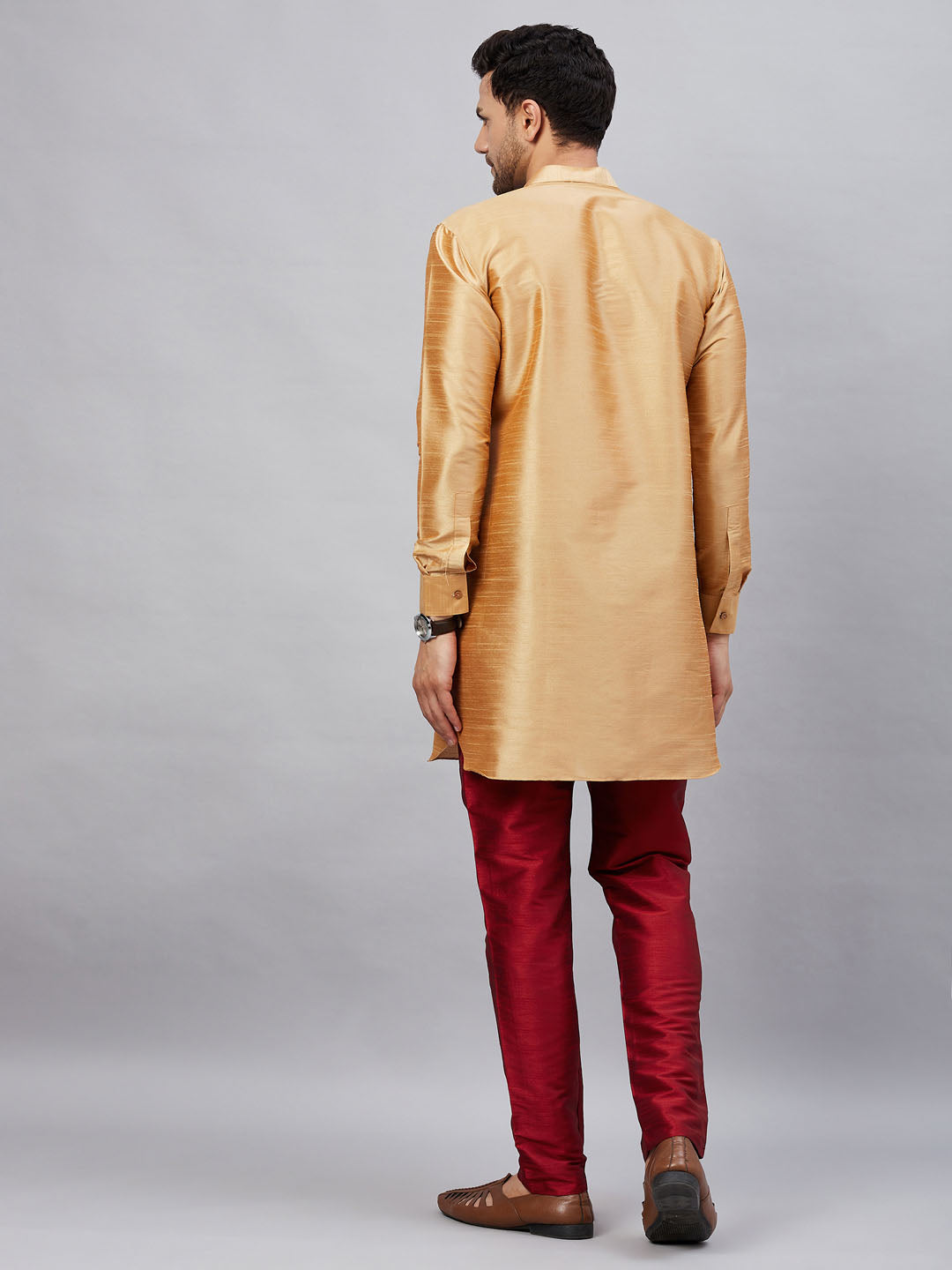 Men's Rose Gold Cotton Blend Pathani Kurta Pyjama Set