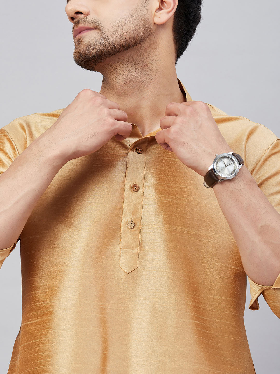 Men's Rose Gold Cotton Blend Pathani Kurta Pyjama Set