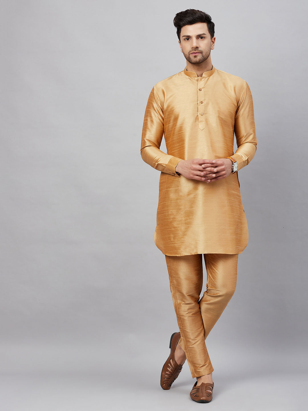 Men's Rose Gold Cotton Blend Pathani Kurta Pyjama Set