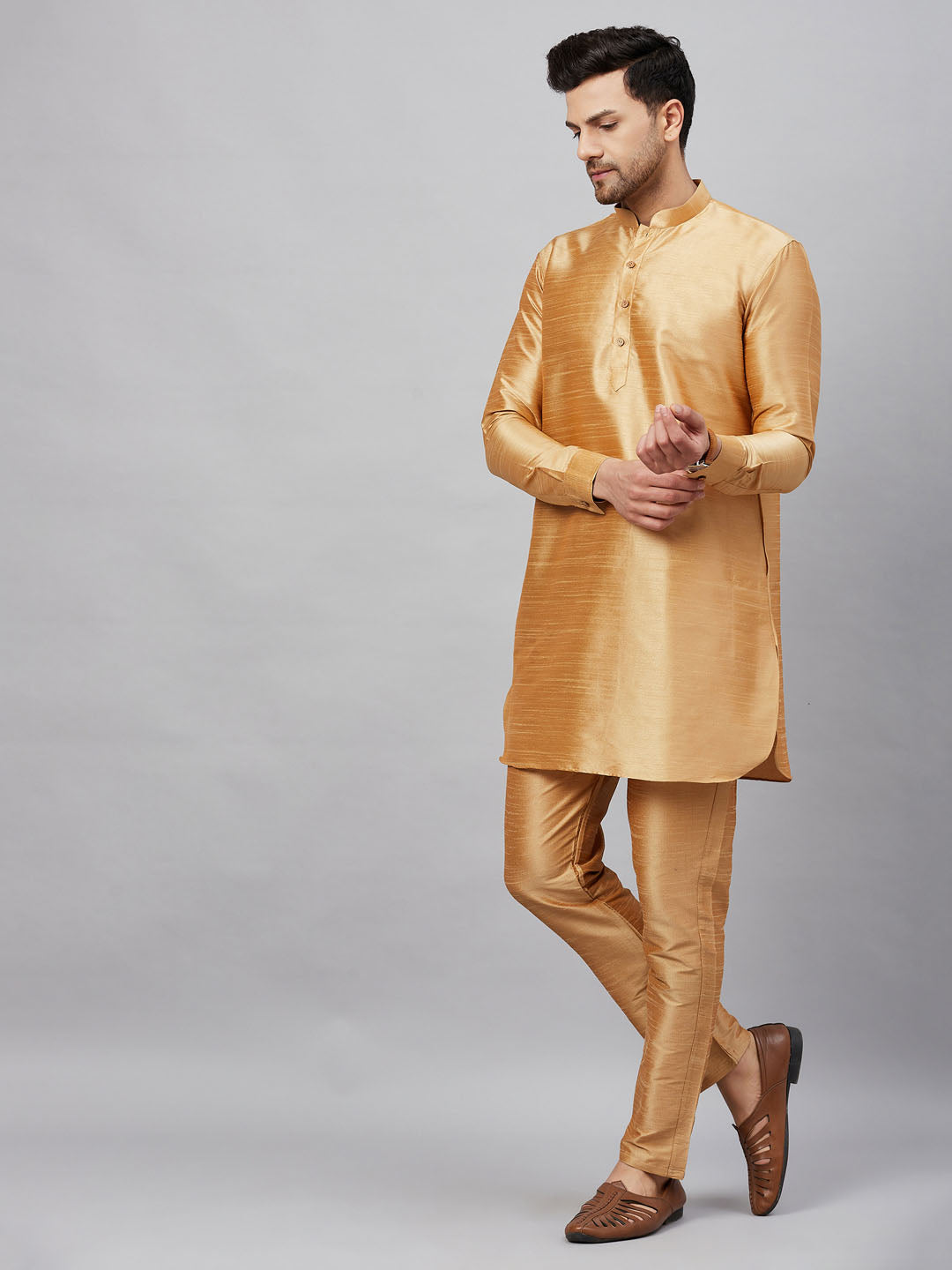 Men's Rose Gold Cotton Blend Pathani Kurta Pyjama Set