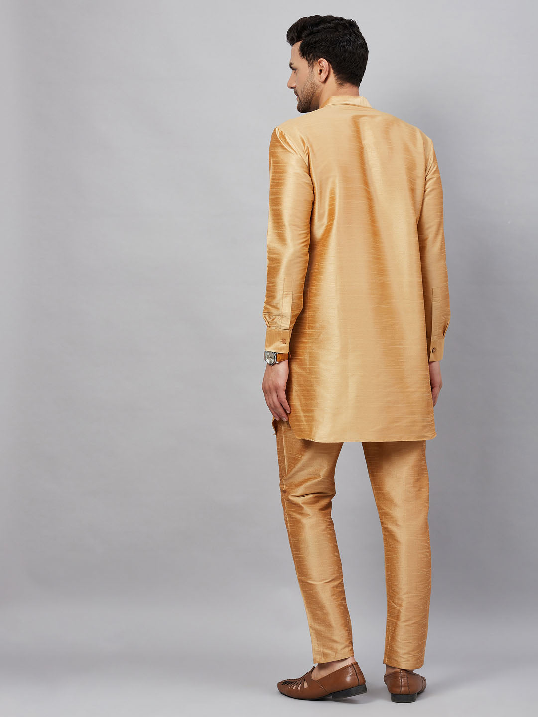 Men's Rose Gold Cotton Blend Pathani Kurta Pyjama Set