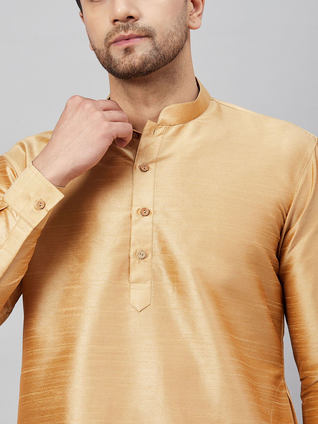 Men's Rose Gold Cotton Blend Pathani Kurta Pyjama Set