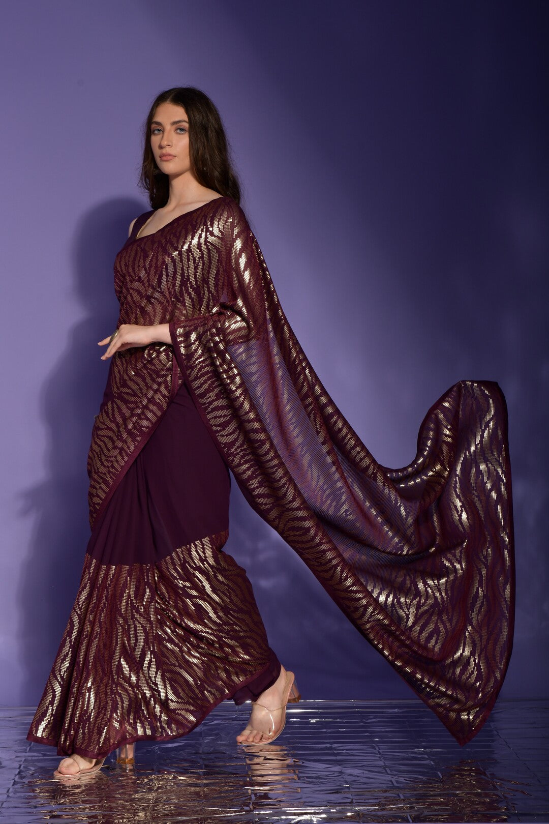 Dhiyona GR Women's Jeet Wine Georgette Sequence Saree