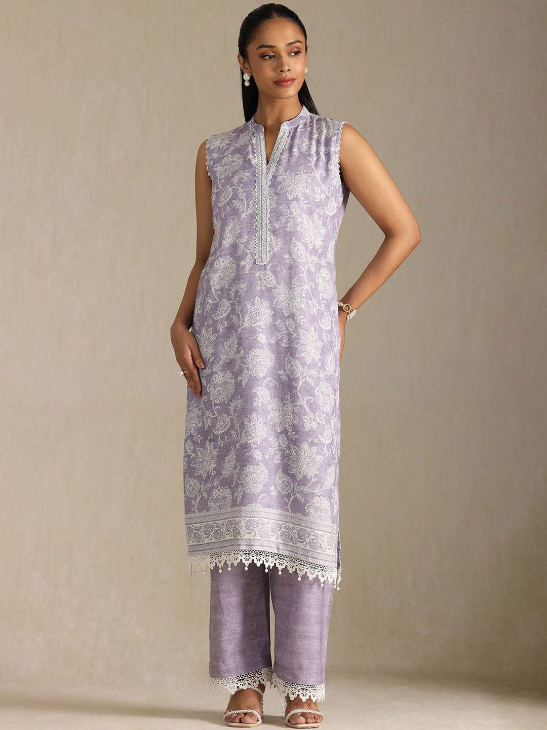 Dhiyona SO Women's Women Printed Regular Beads and Stones Linen Kurta with Palazzos & With Dupatta