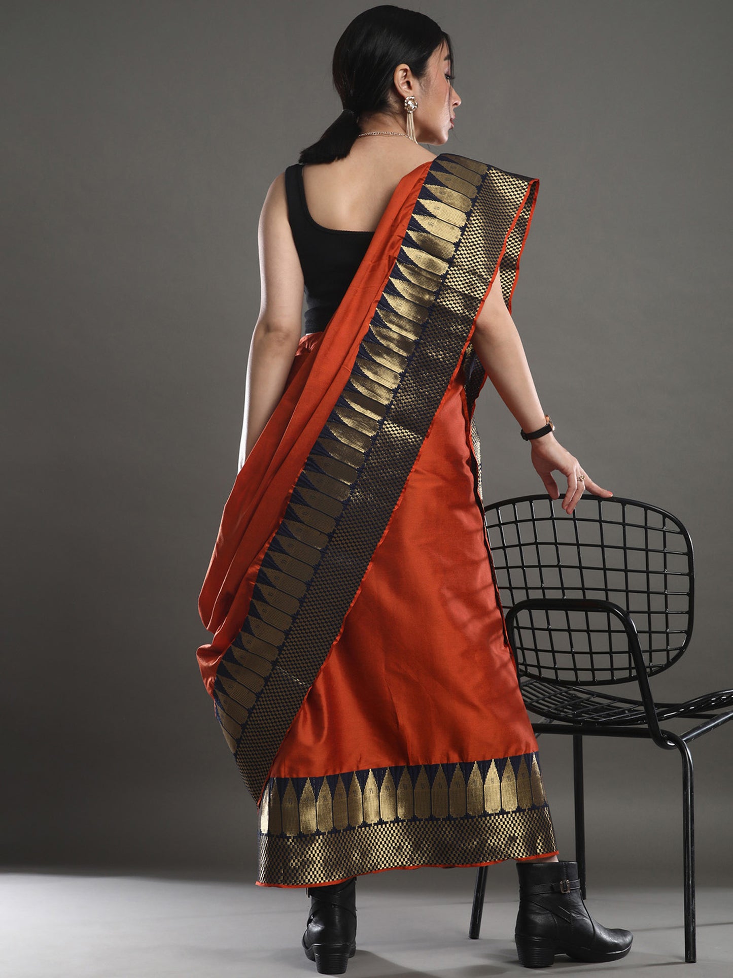 Women's Silk Blend Orange Woven Design Designer Saree With Blouse Piece