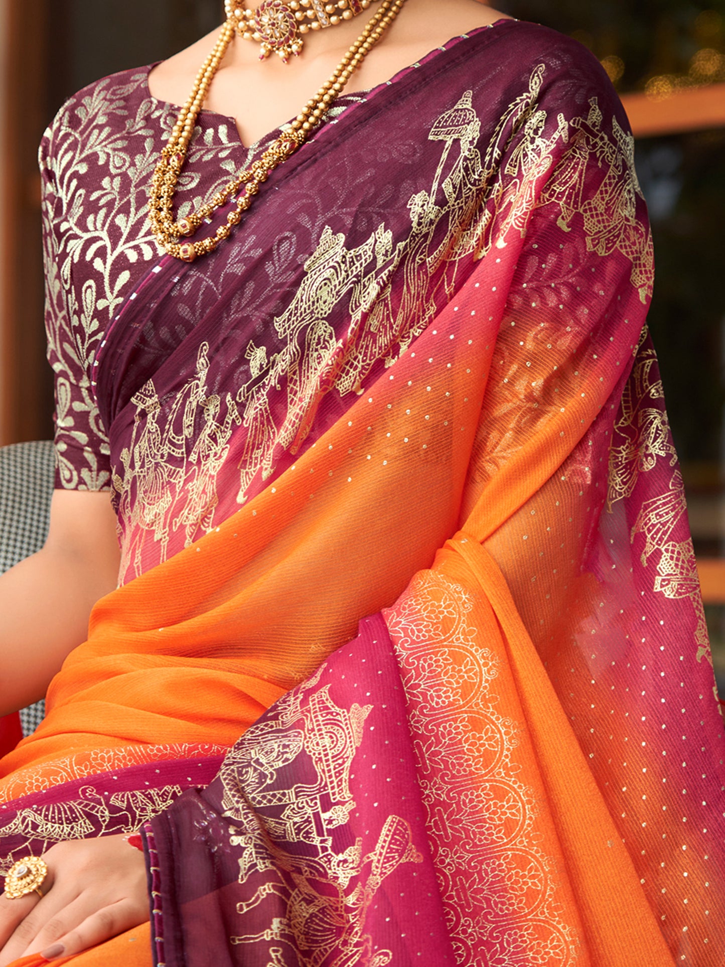 Women's Chiffon Orange Embellished Designer Saree With Blouse Piece