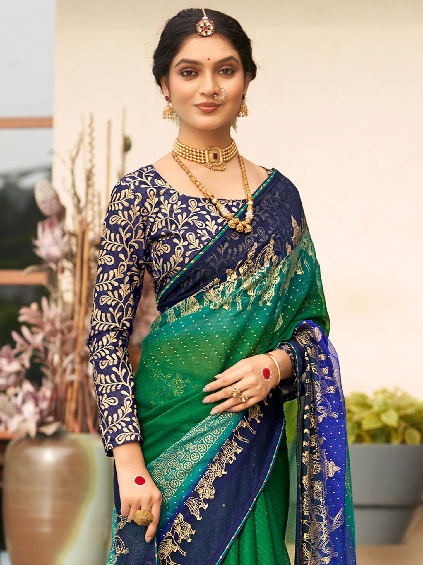 Women's Chiffon Green Embellished Designer Saree With Blouse Piece