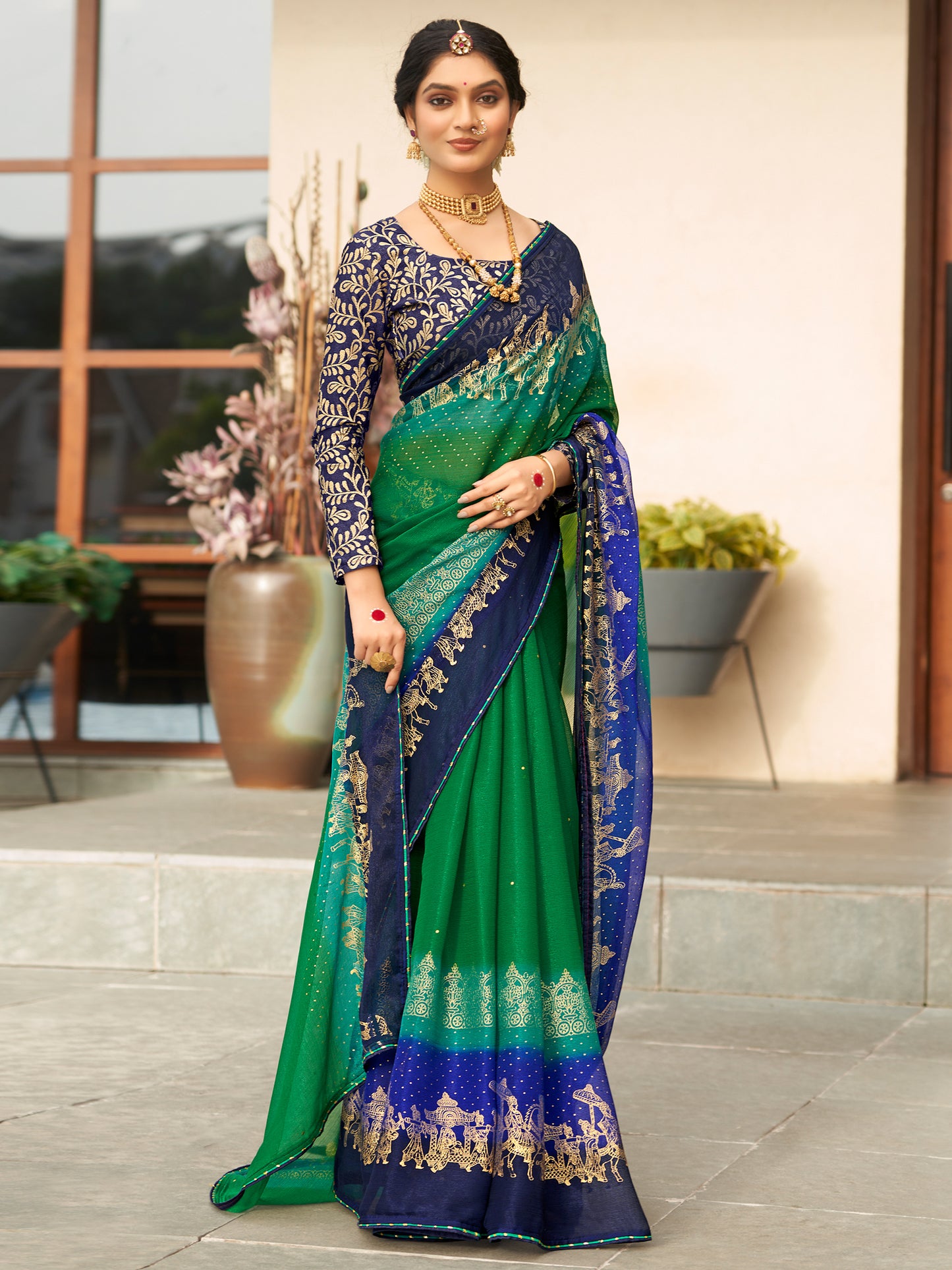 Women's Chiffon Green Embellished Designer Saree With Blouse Piece