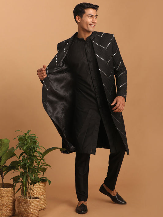 Men's Black Viscose Straight Sherwani Set