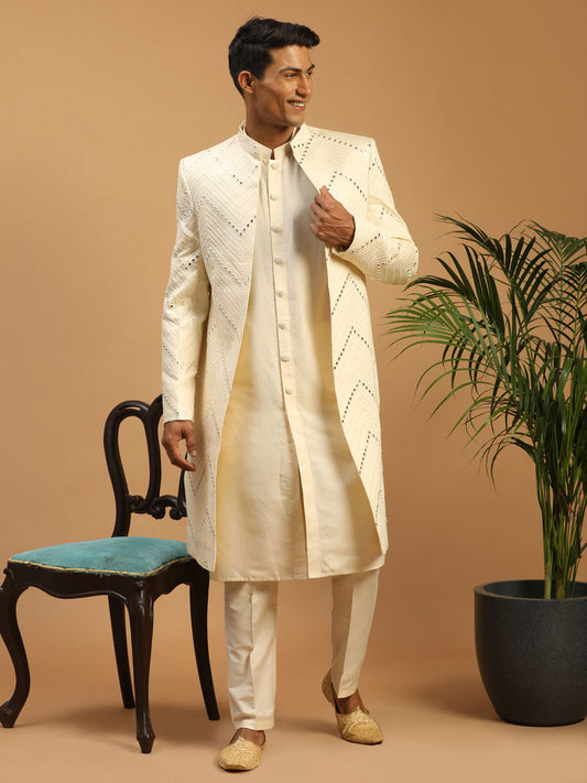 Men's Cream Viscose Straight Sherwani Set