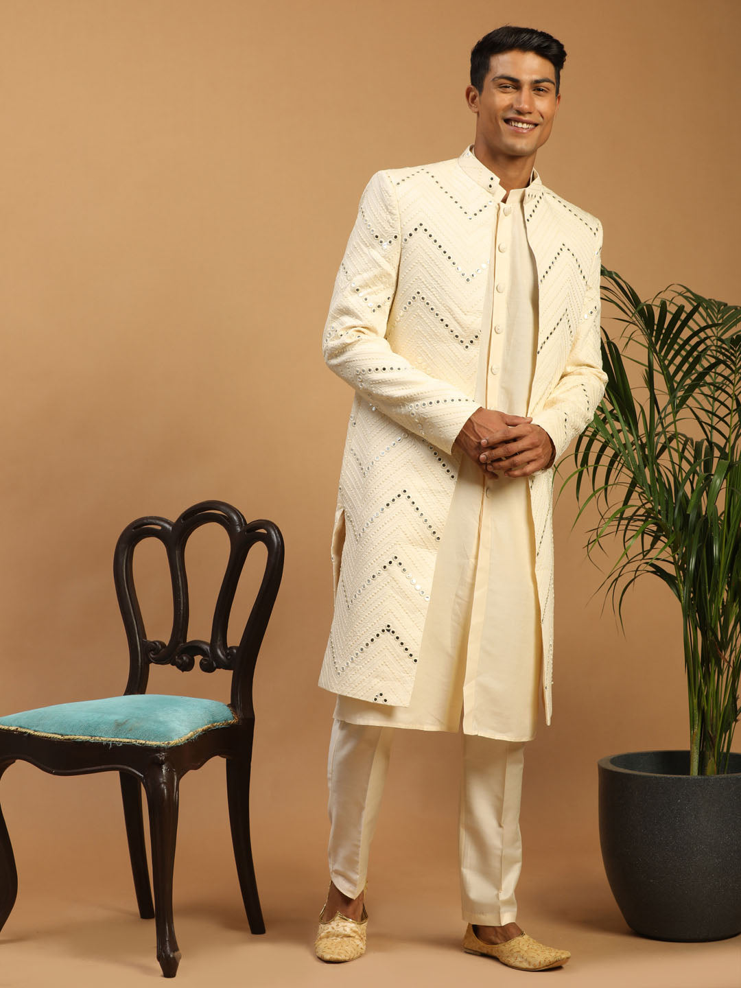 Men's Cream Viscose Straight Sherwani Set