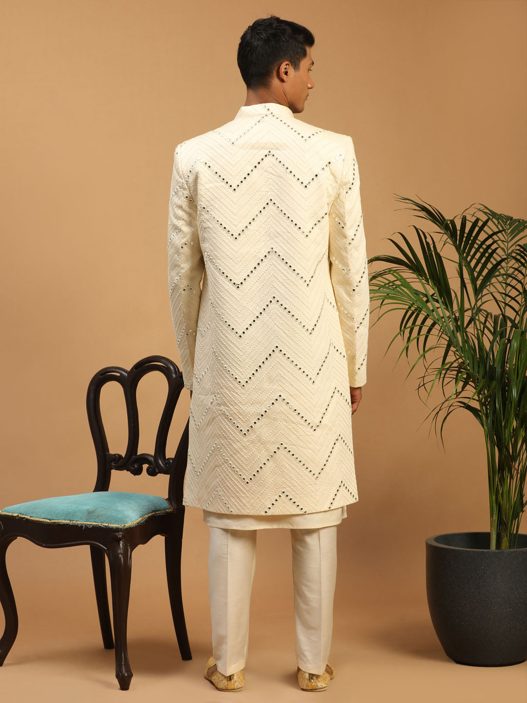 Men's Cream Viscose Straight Sherwani Set