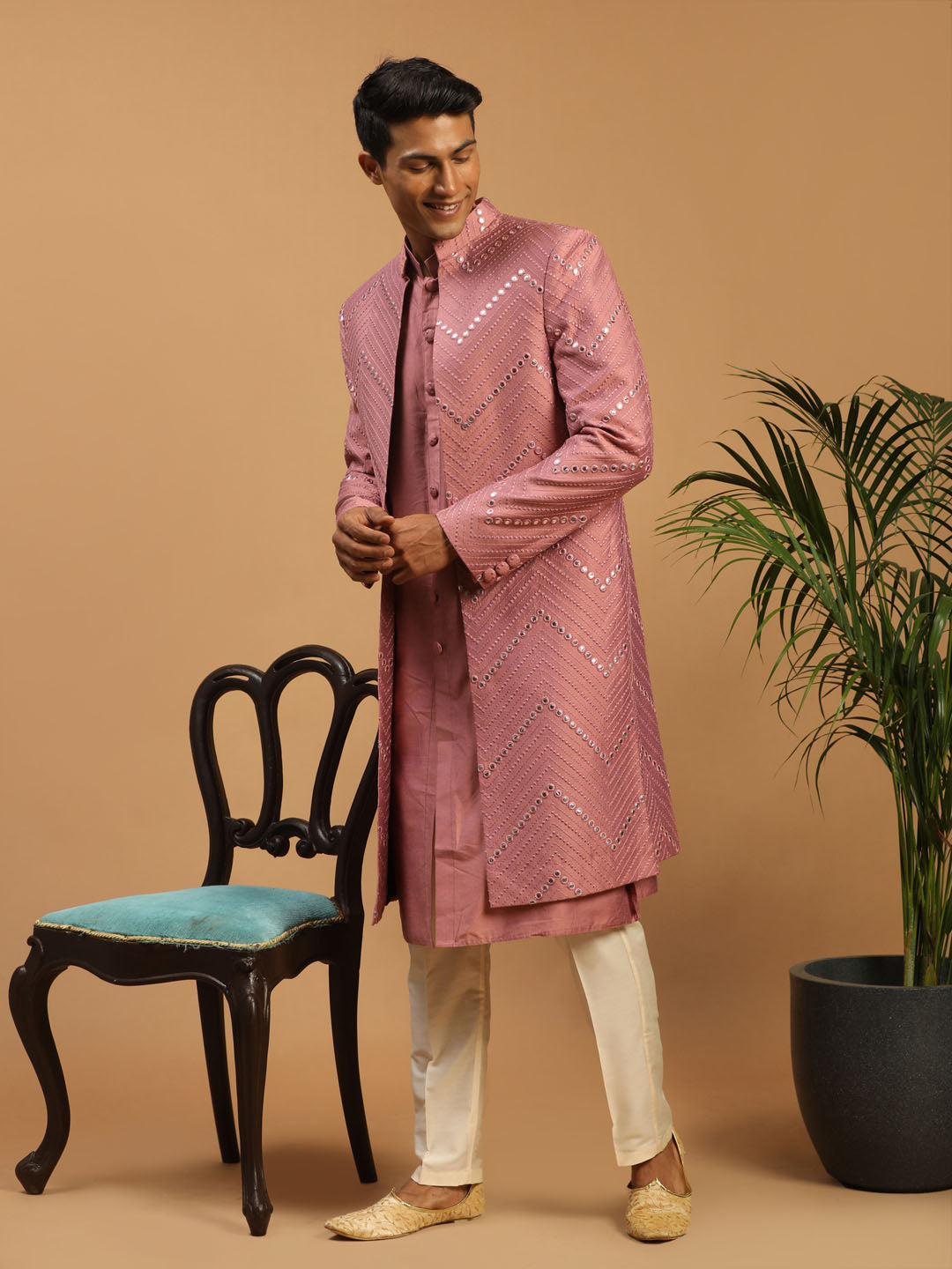 Men's Onion Pink Viscose Straight Sherwani Set