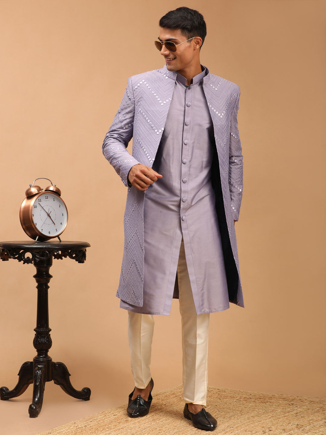 Men's Purple Viscose Straight Sherwani Set