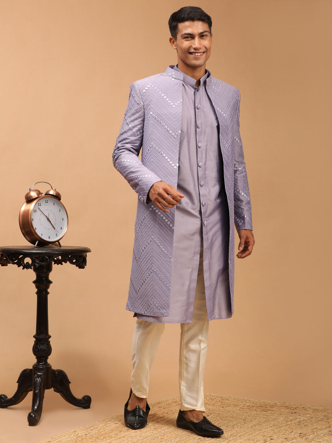 Men's Purple Viscose Straight Sherwani Set
