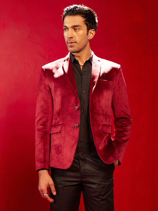 Men's Maroon Velvet Straight Blazer