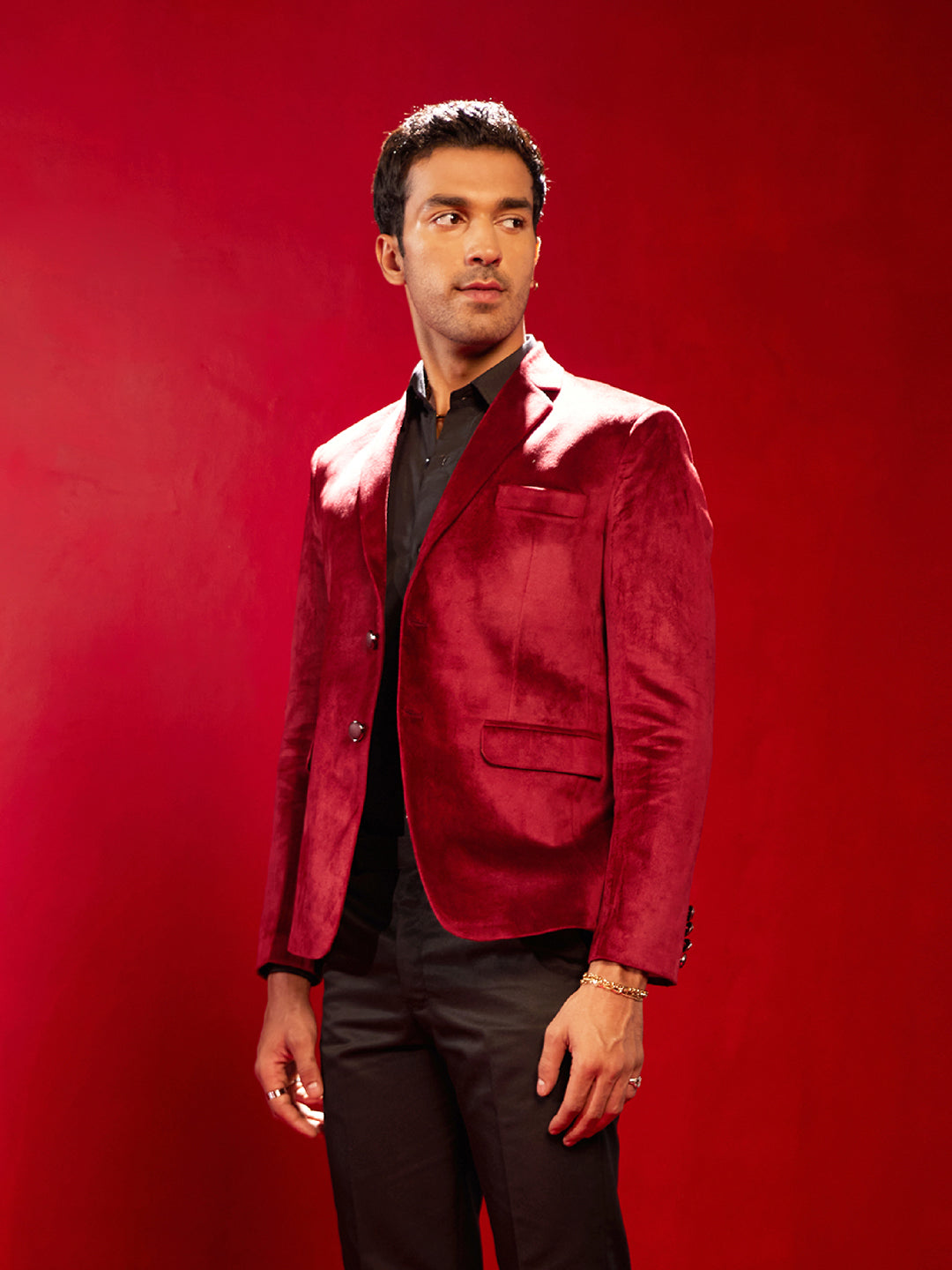 Men's Maroon Velvet Straight Blazer