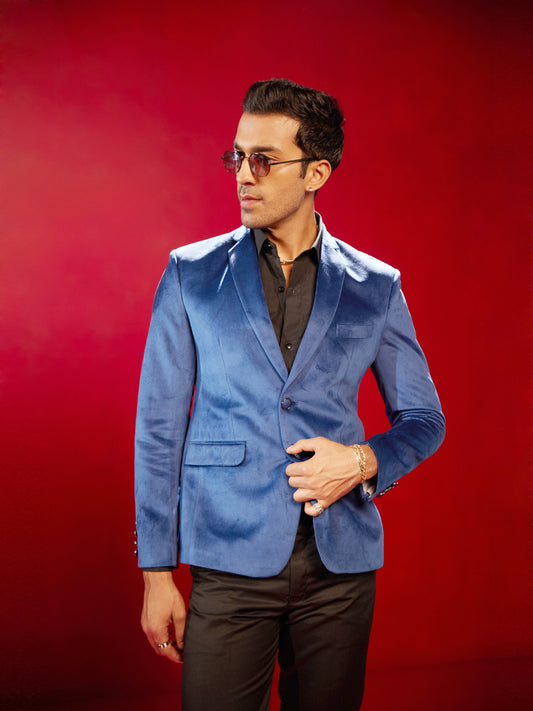 Men's Navy Blue Velvet Straight Blazer