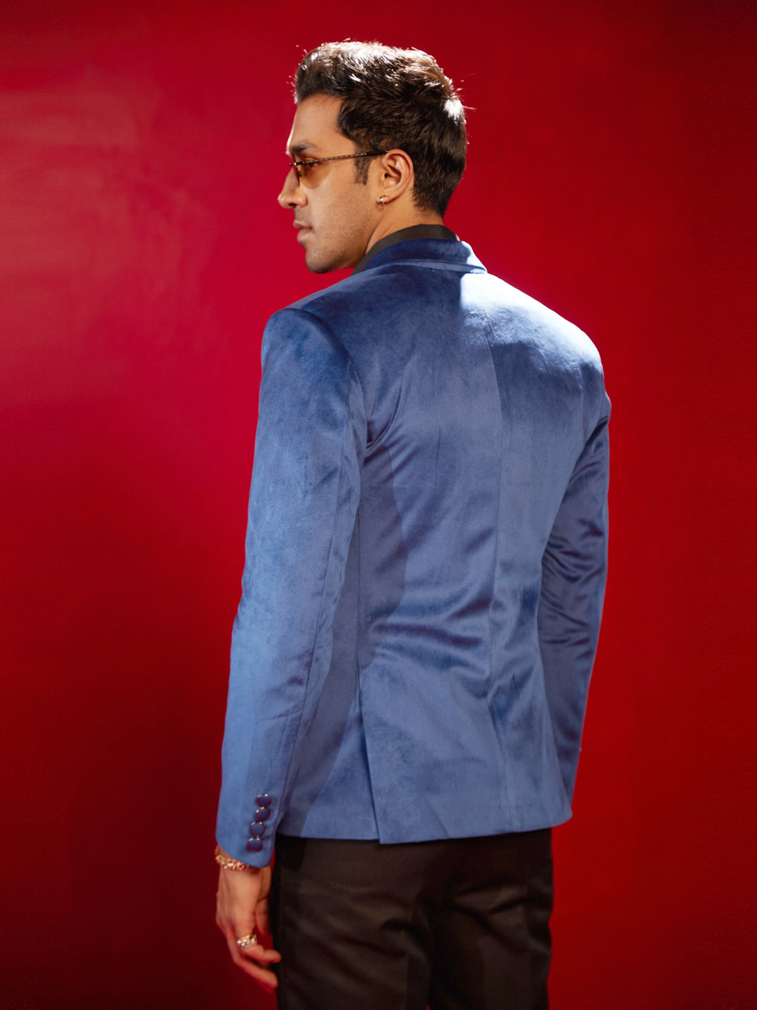 Men's Navy Blue Velvet Straight Blazer