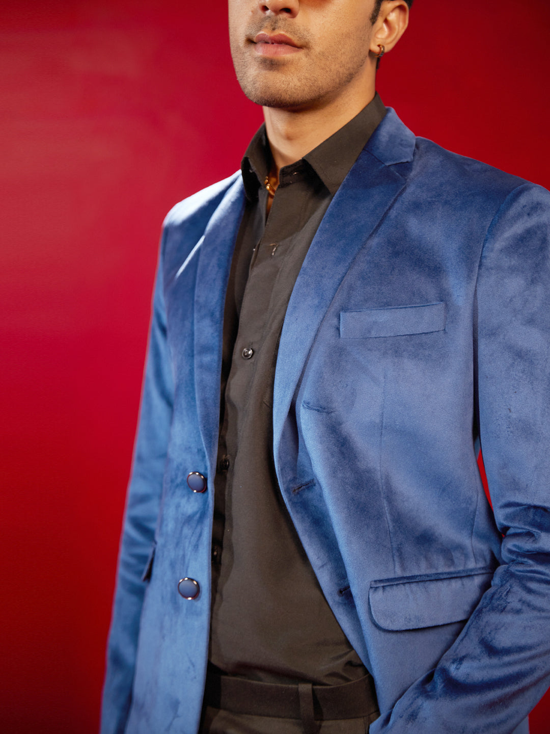Men's Navy Blue Velvet Straight Blazer