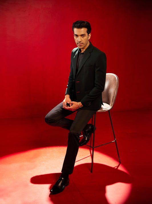 Men's Green Cotton Blend Straight Blazer