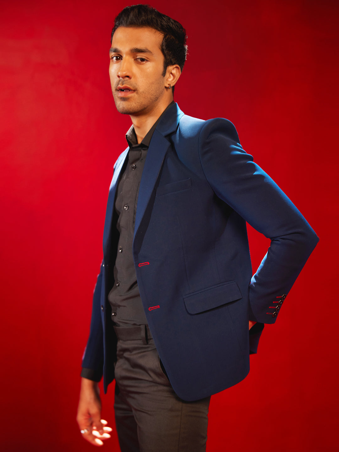 Men's Navy Blue Cotton Blend Straight Blazer