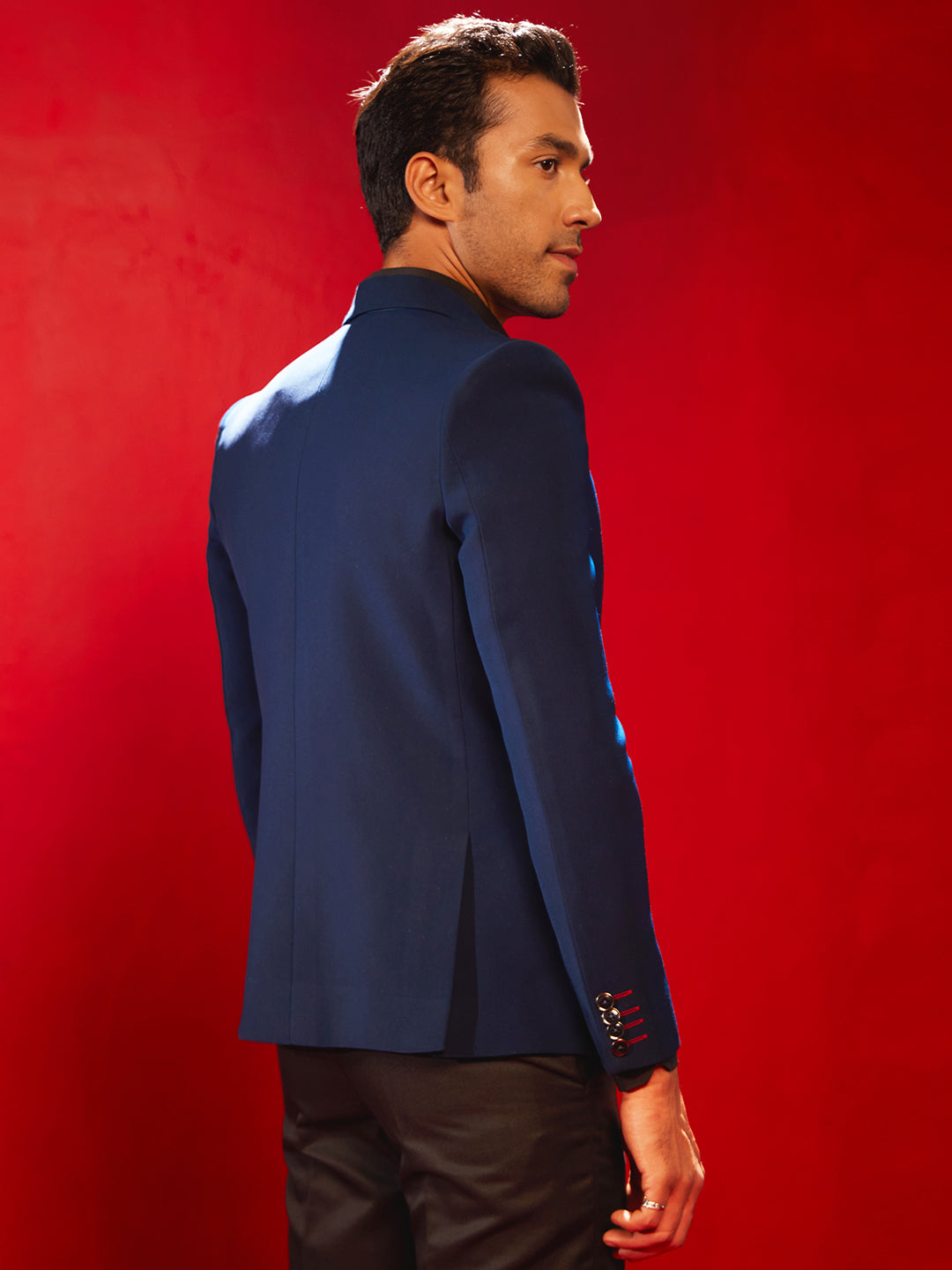 Men's Navy Blue Cotton Blend Straight Blazer