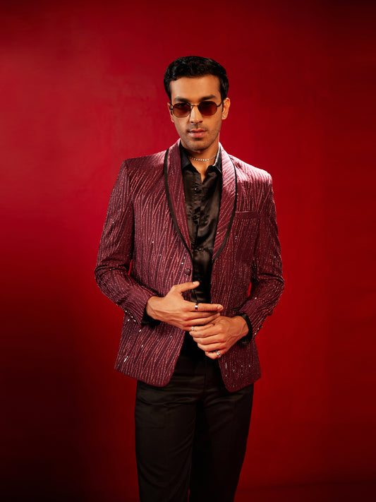 Men's Maroon Silk Blend Straight Blazer