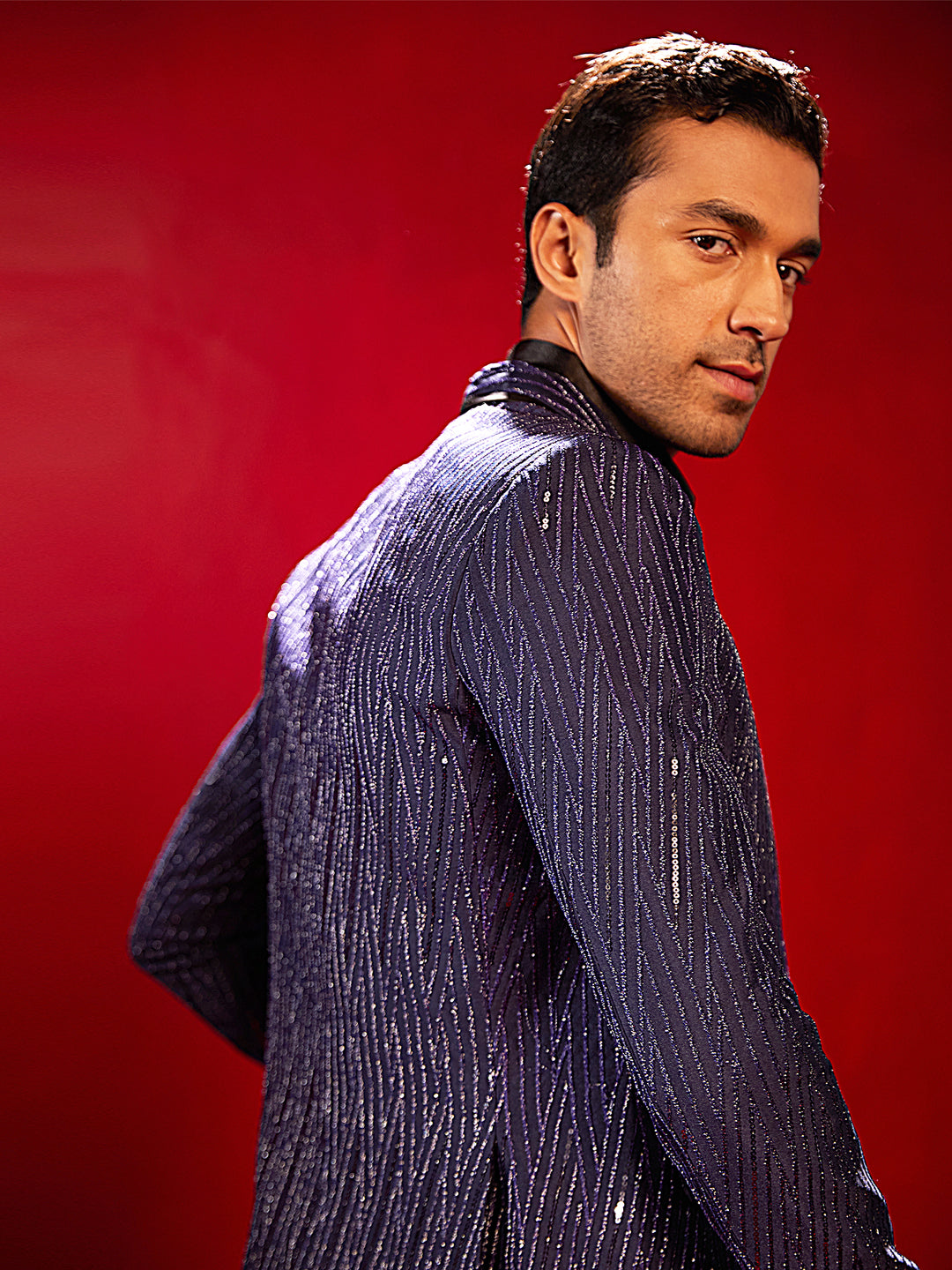 Men's Navy Blue Silk Blend Straight Blazer