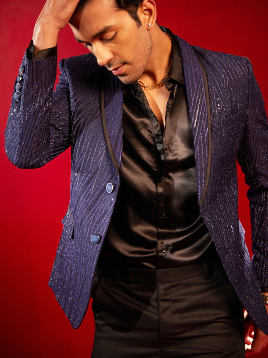 Men's Navy Blue Silk Blend Straight Blazer