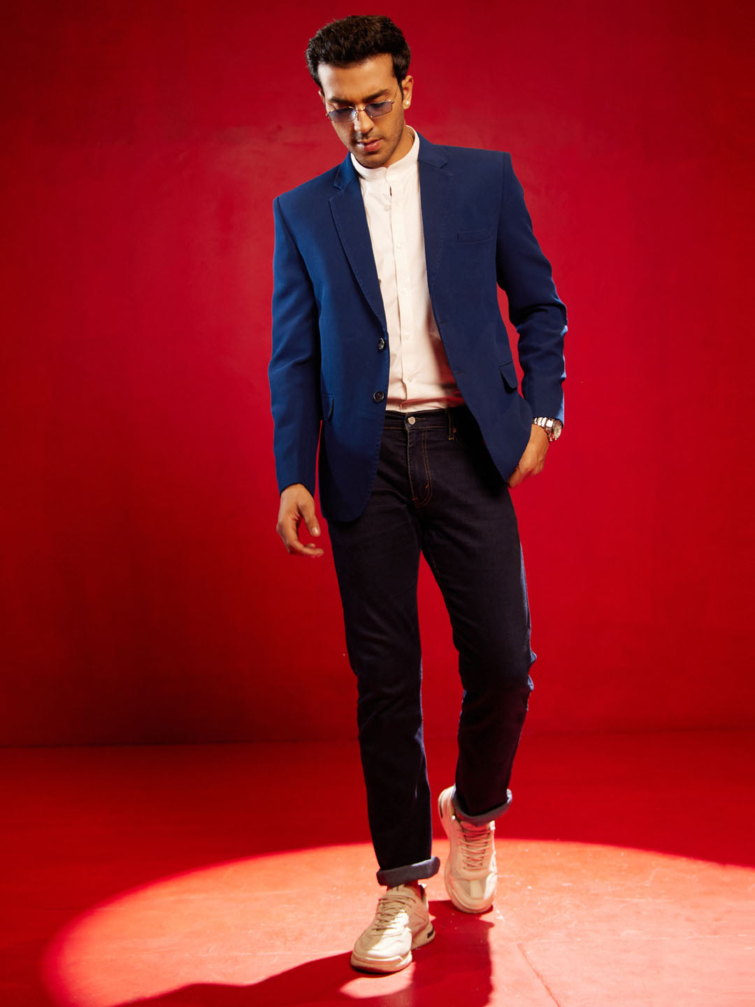 Men's Navy Blue Silk Blend Straight Blazer