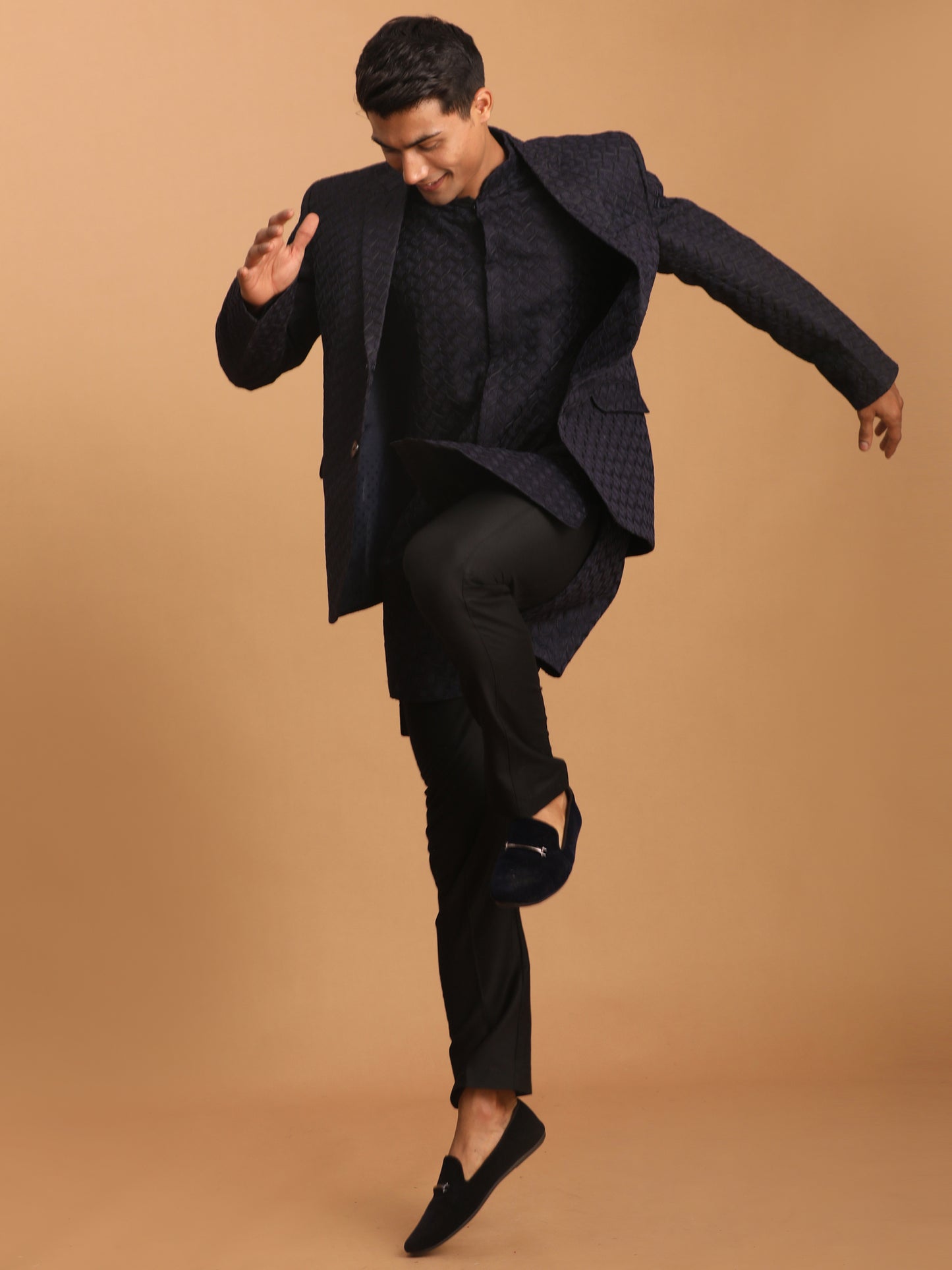 Men's Navy Blue Silk Blend Regular Jacket Kurta and Pyjama Set