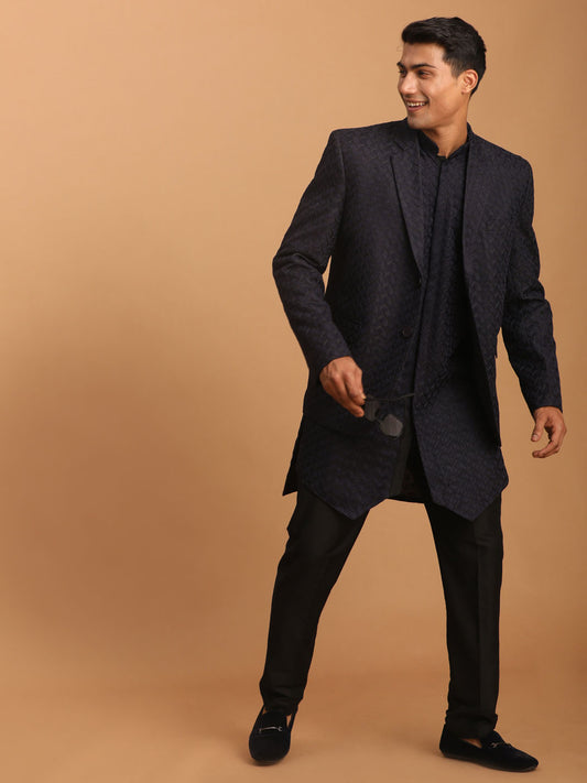 Men's Navy Blue Silk Blend Regular Jacket  Kurta and Pyjama Set