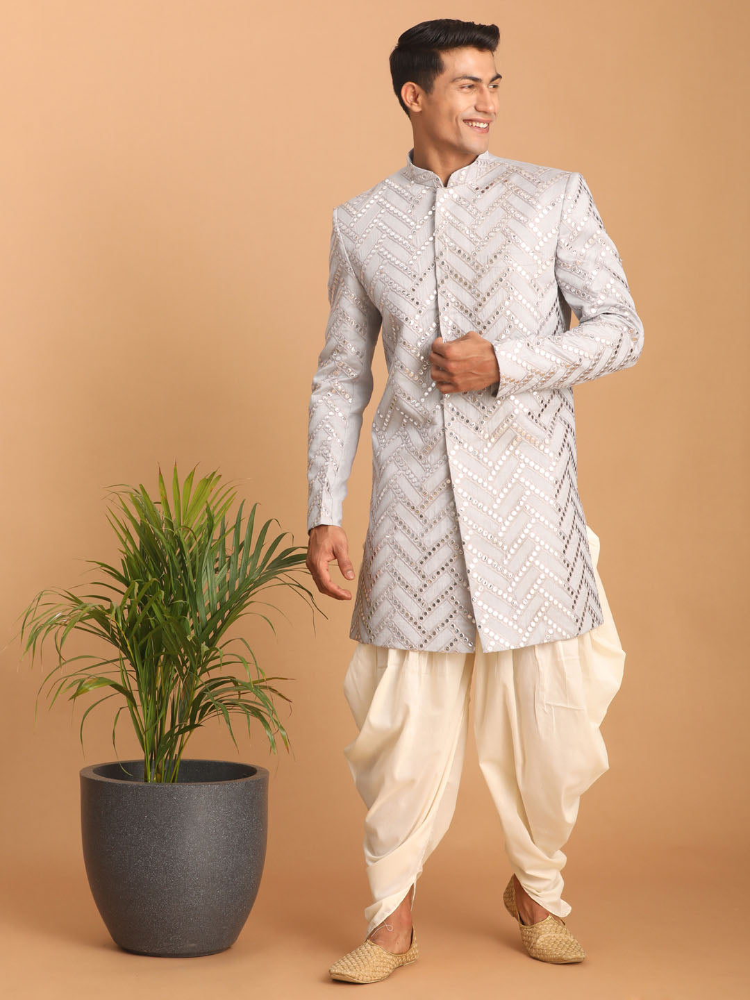Men's Aqua Silk Blend Straight Sherwani Set