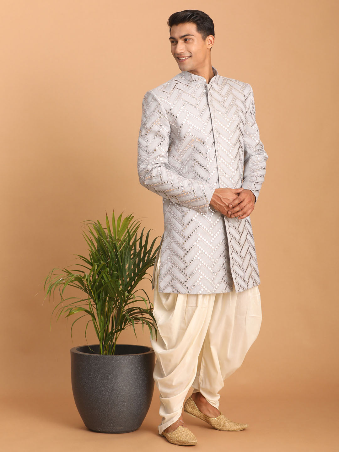 Men's Aqua Silk Blend Straight Sherwani Set