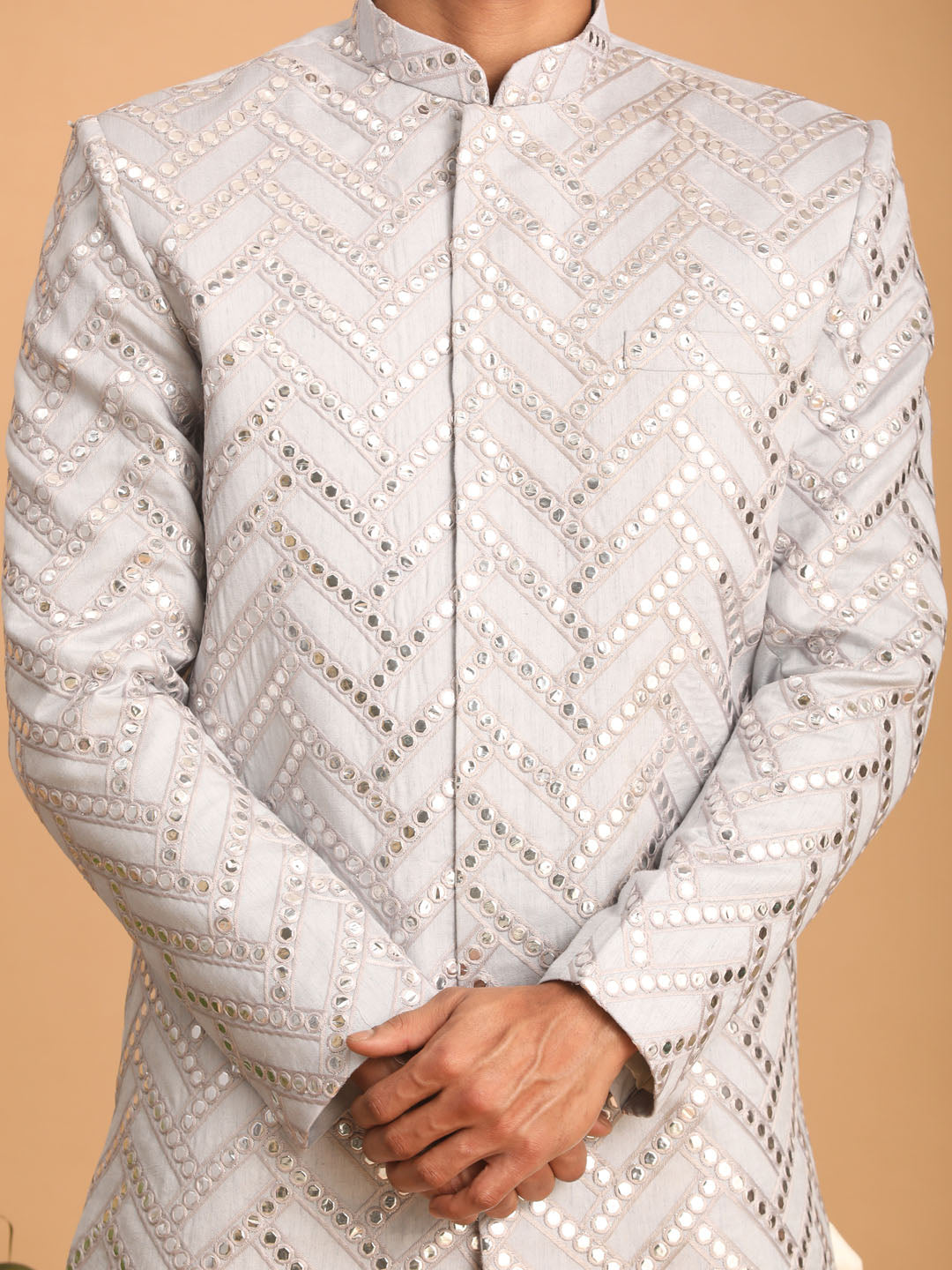 Men's Aqua Silk Blend Straight Sherwani Set