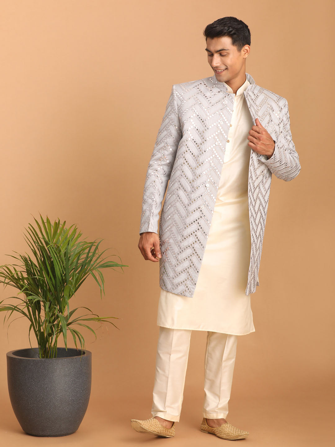 Men's Aqua Silk Blend Straight Sherwani Set