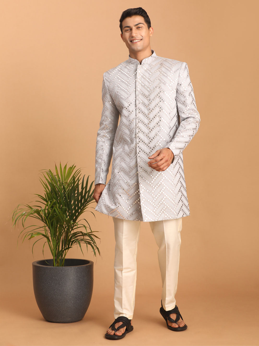 Men's Aqua Silk Blend Straight Sherwani Set