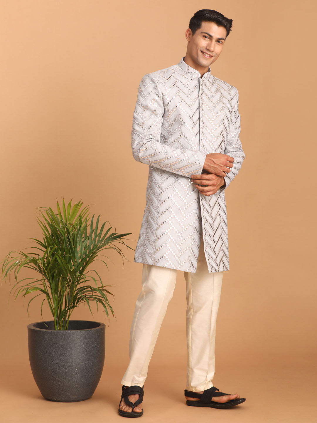 Men's Aqua Silk Blend Straight Sherwani Set