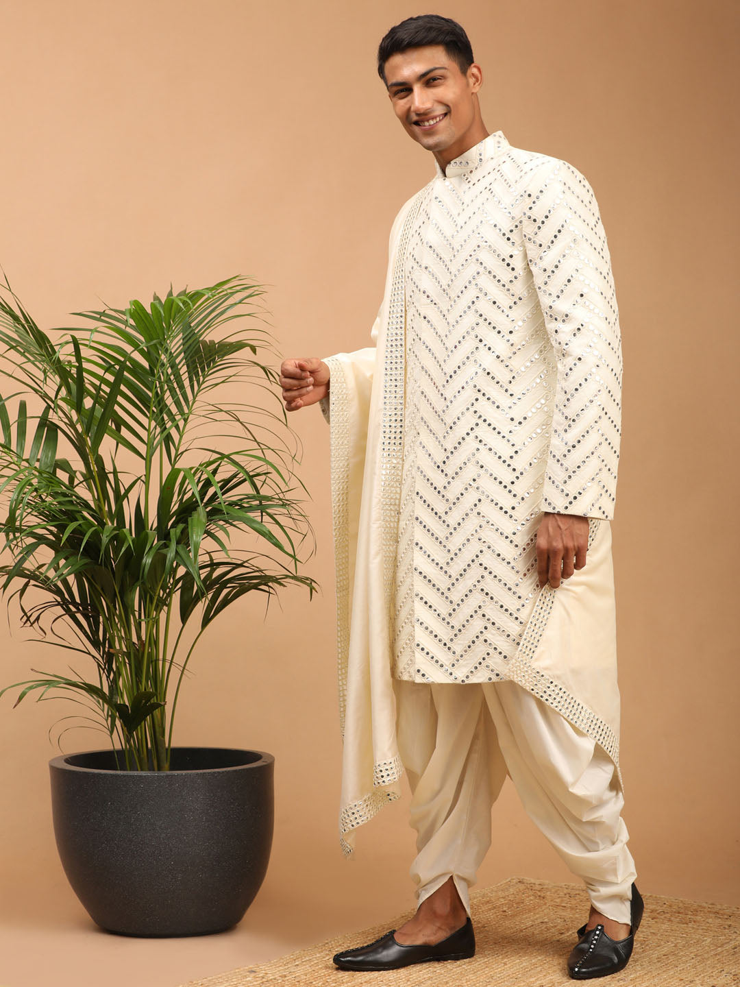 Men's Cream Silk Blend Straight Sherwani Set
