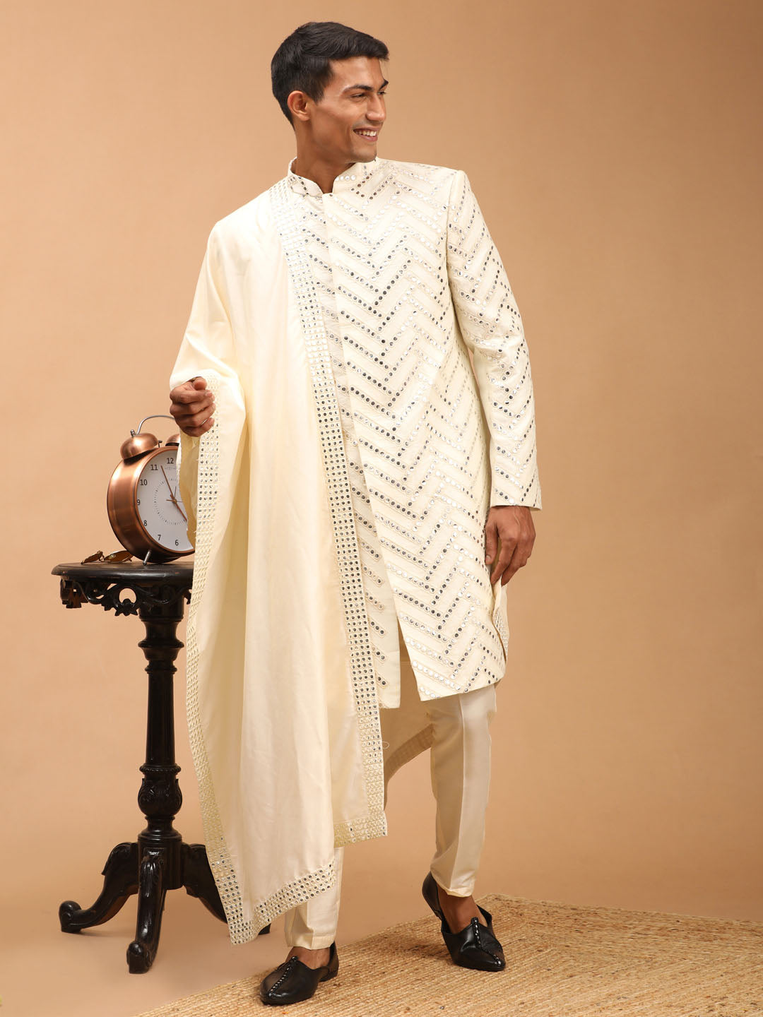 Men's Cream Silk Blend Straight Sherwani Set