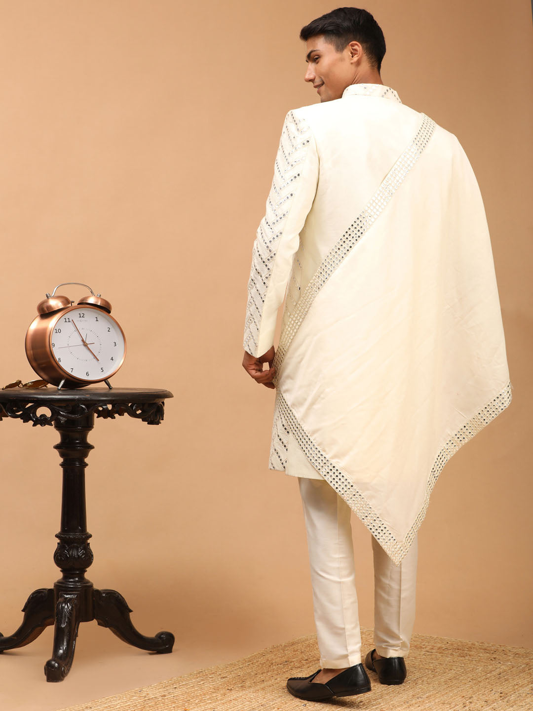 Men's Cream Silk Blend Straight Sherwani Set