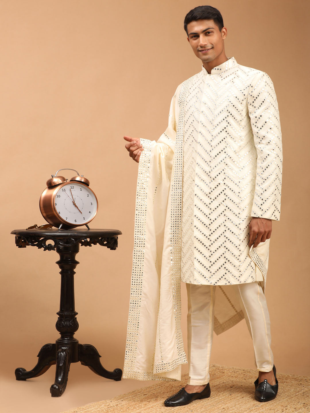 Men's Cream Silk Blend Straight Sherwani Set