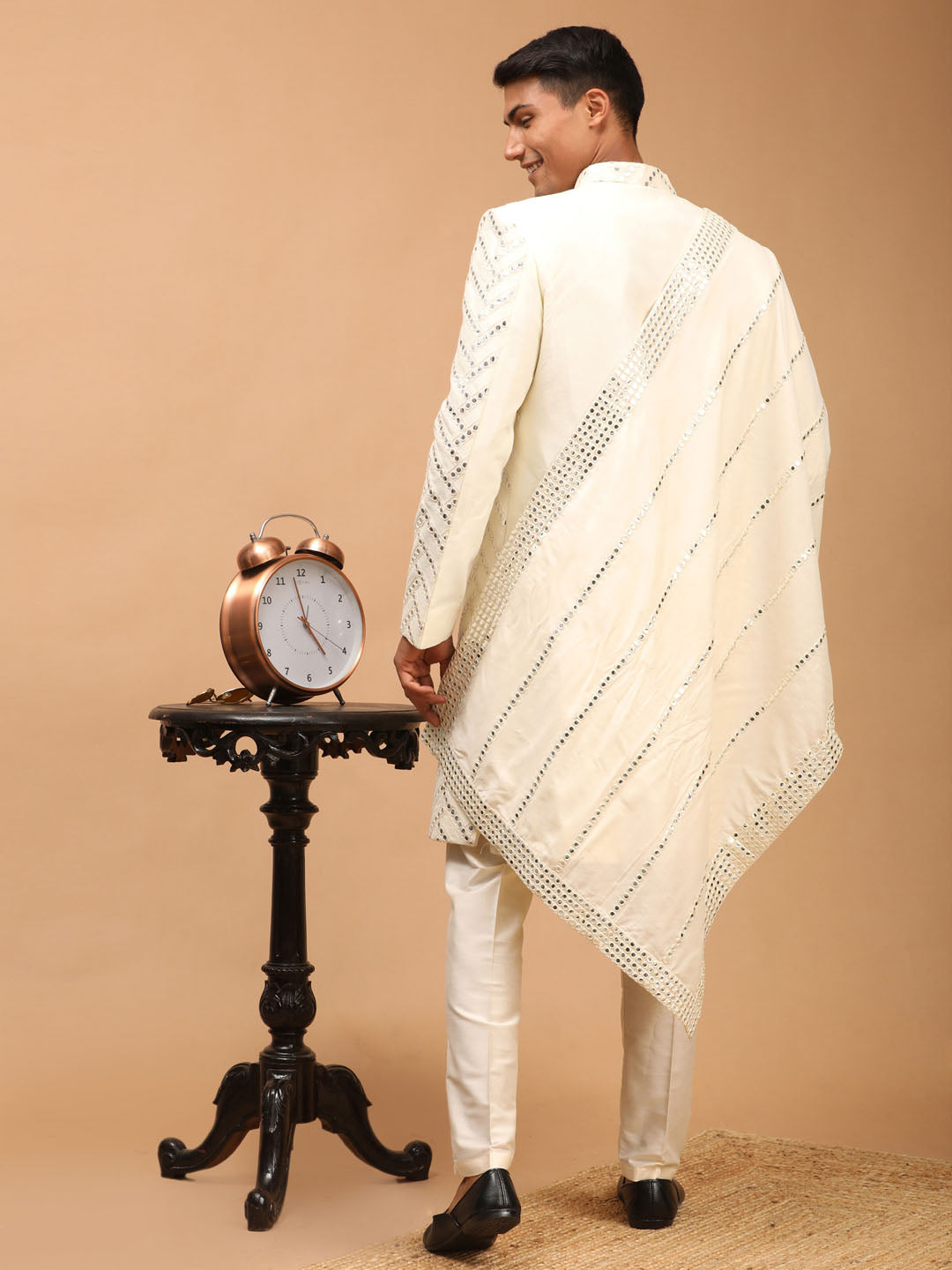 Men's Cream Silk Blend Straight Sherwani Set