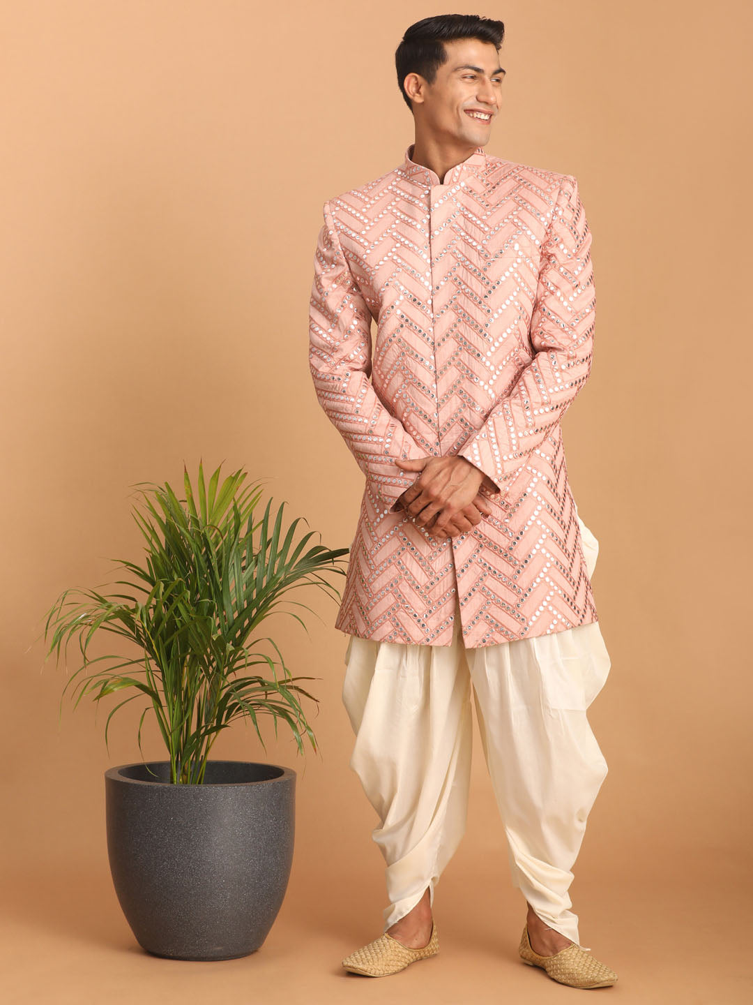 Men's Pink Silk Blend Straight Sherwani Set