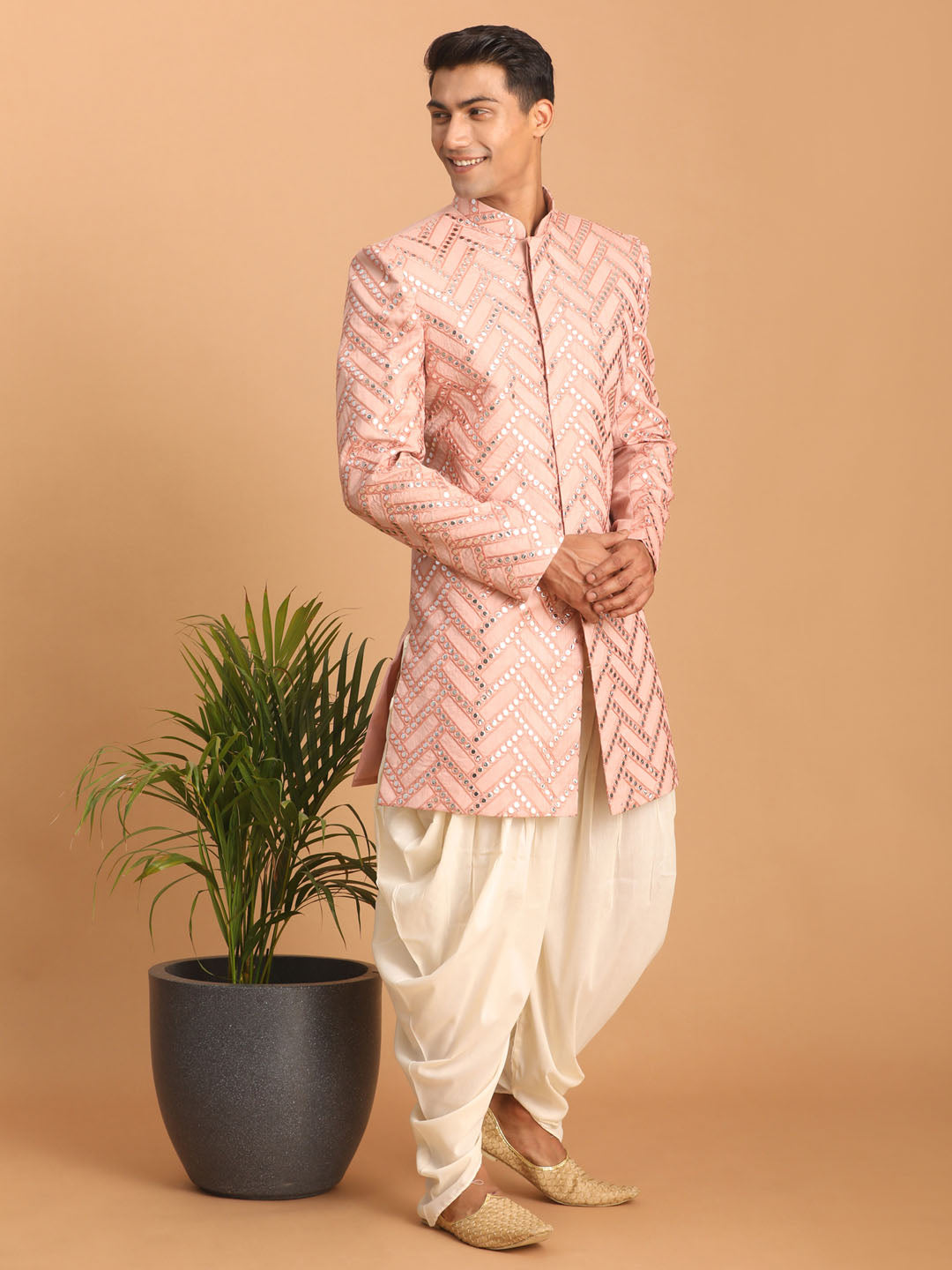Men's Pink Silk Blend Straight Sherwani Set